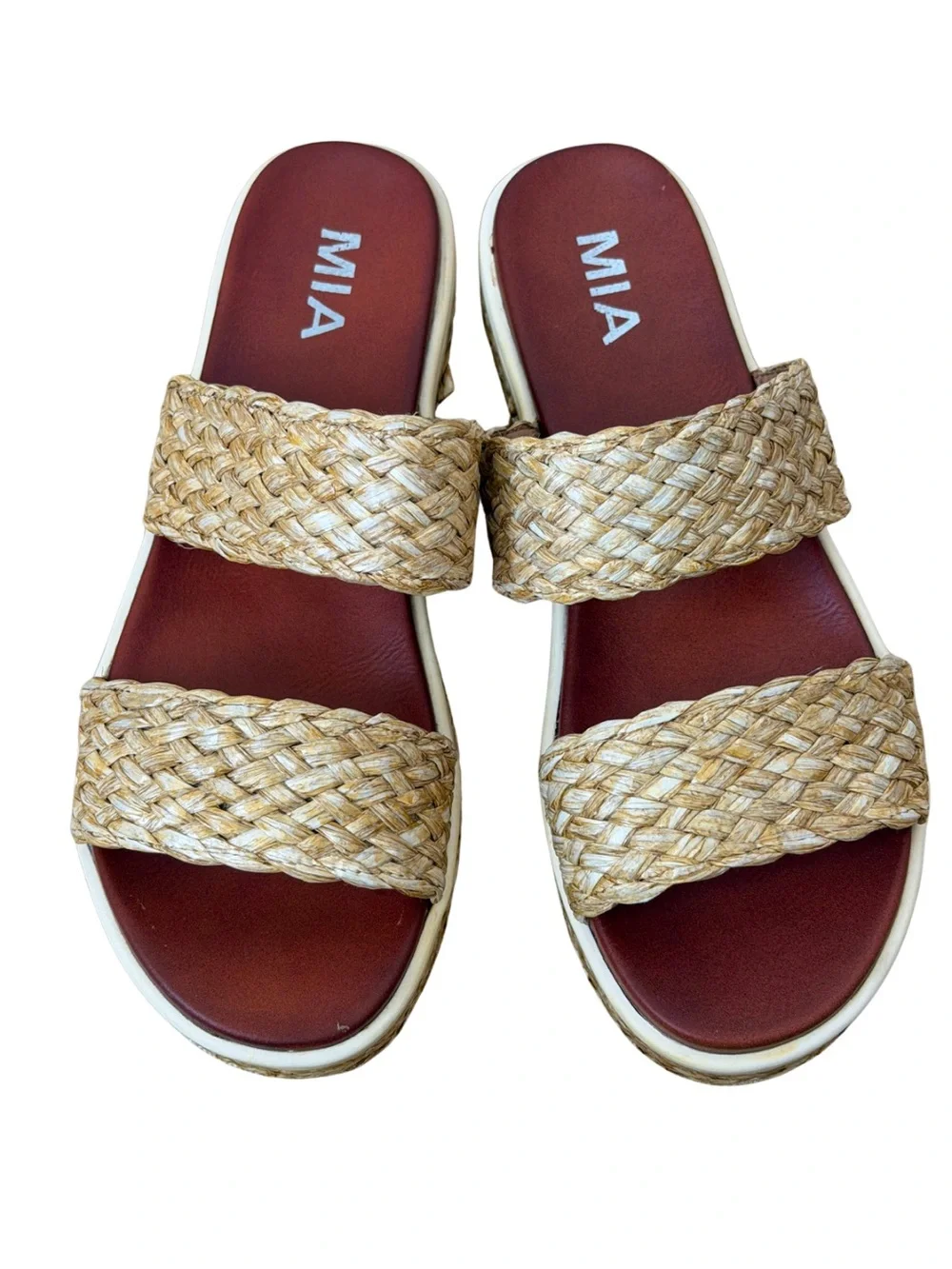 MIA Cami Raffia Platform Slip On Sandals Natural Woven Size 9